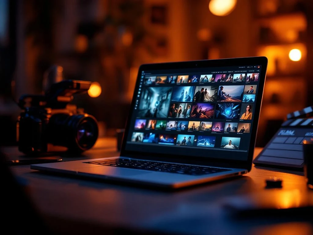 Laptop met videoportfolio omringd door professionele filmapparatuur zoals camera, kleurkaart en filmklapper in studio