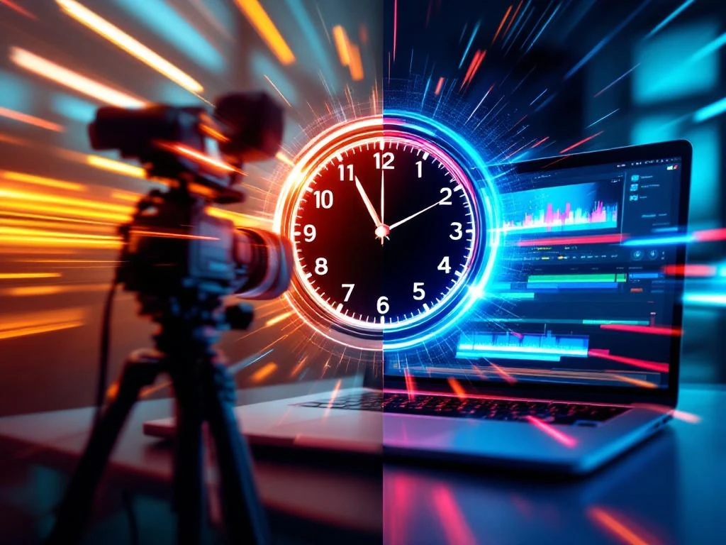 Professionele videocamera op statief en laptop met bewerkingstijdlijn, met klok die 24-uurs productiecyclus toont