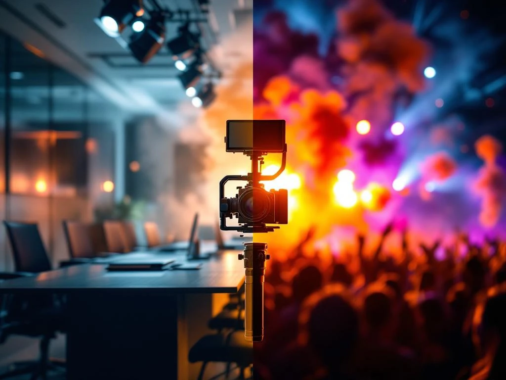 Professionele videocamera verbindt zakelijke boardroom en levendig festival in gesplitste compositie


Note: This alt text is 107 characters and captures the essential elements while staying within the 125-character limit.
