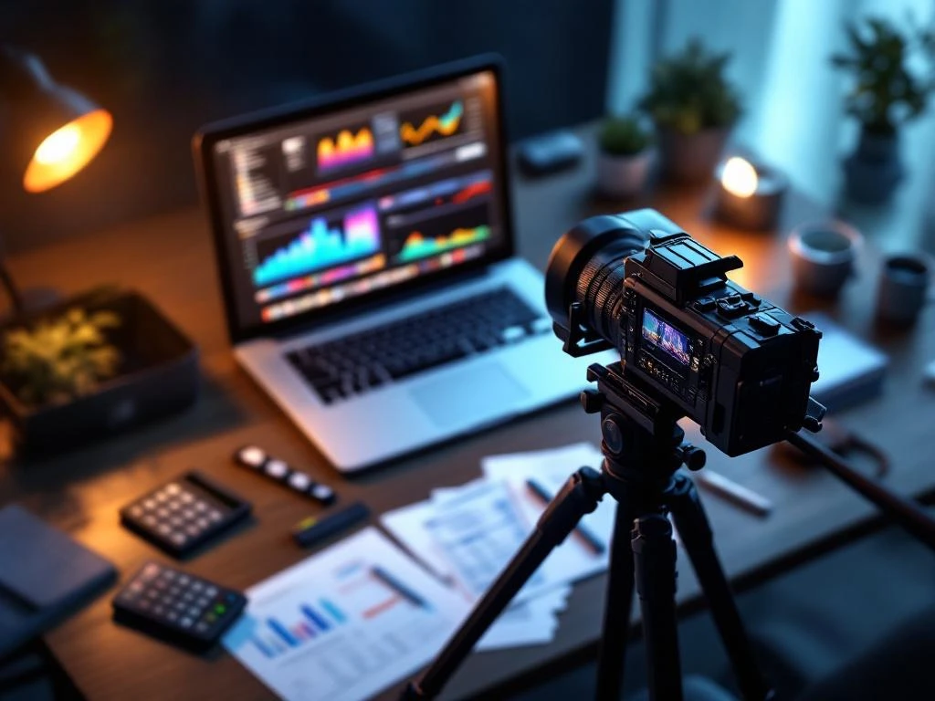 Professionele videocamera op statief met laptop met videobewerkingssoftware en financiële documenten op bureau