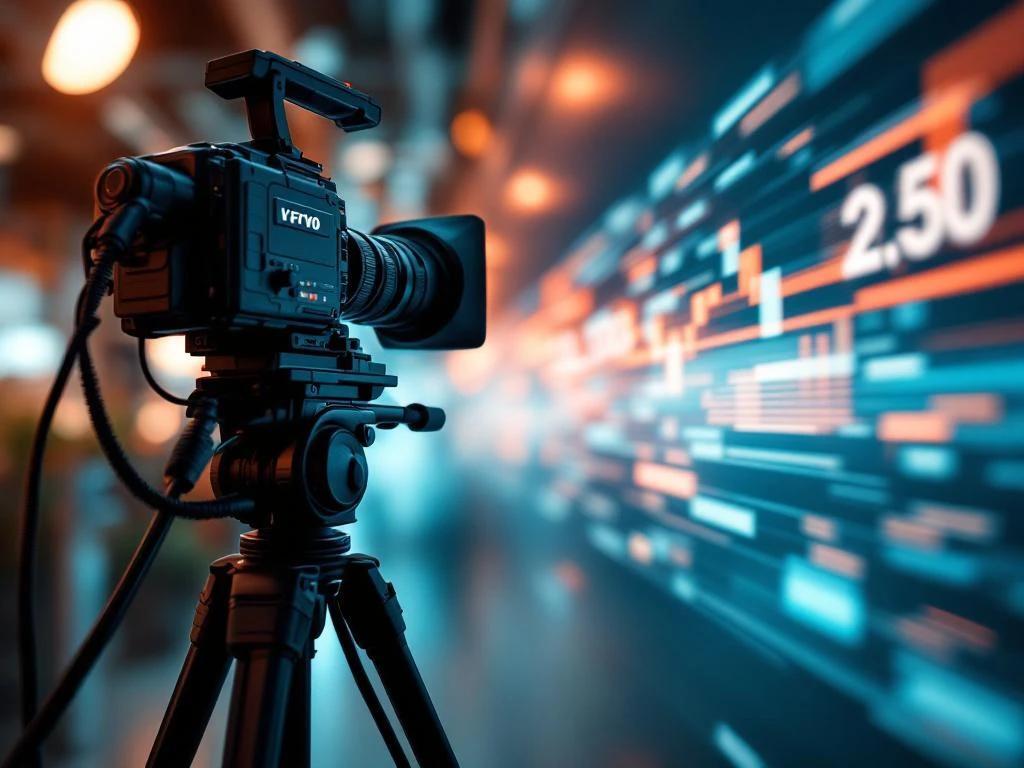 Professionele videocamera op statief met vervagend tijdlijn-effect, warme studioverlichting en cinematische bokeh