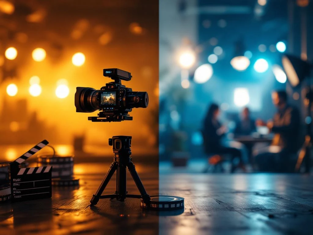 Split-screen videoproductie: filmische camera met gouden verlichting links, zakelijke studioconfiguratie rechts
