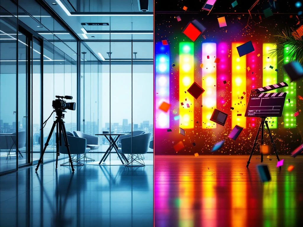 Gesplitst scherm toont zakelijke boardroom links en creatieve filmstudio rechts met professionele camera-apparatuur