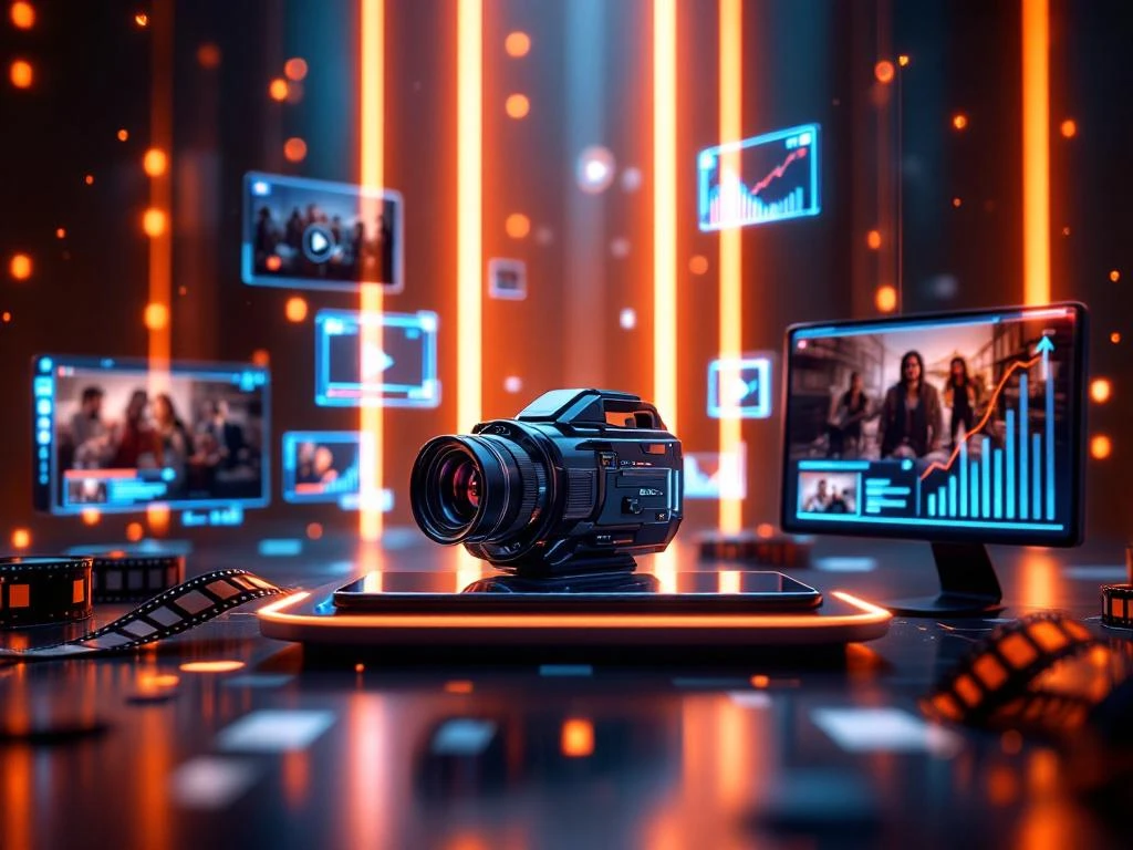 Futuristische videocamera omringd door holografische videoframes en 3D-elementen in blauw-oranje studiolicht