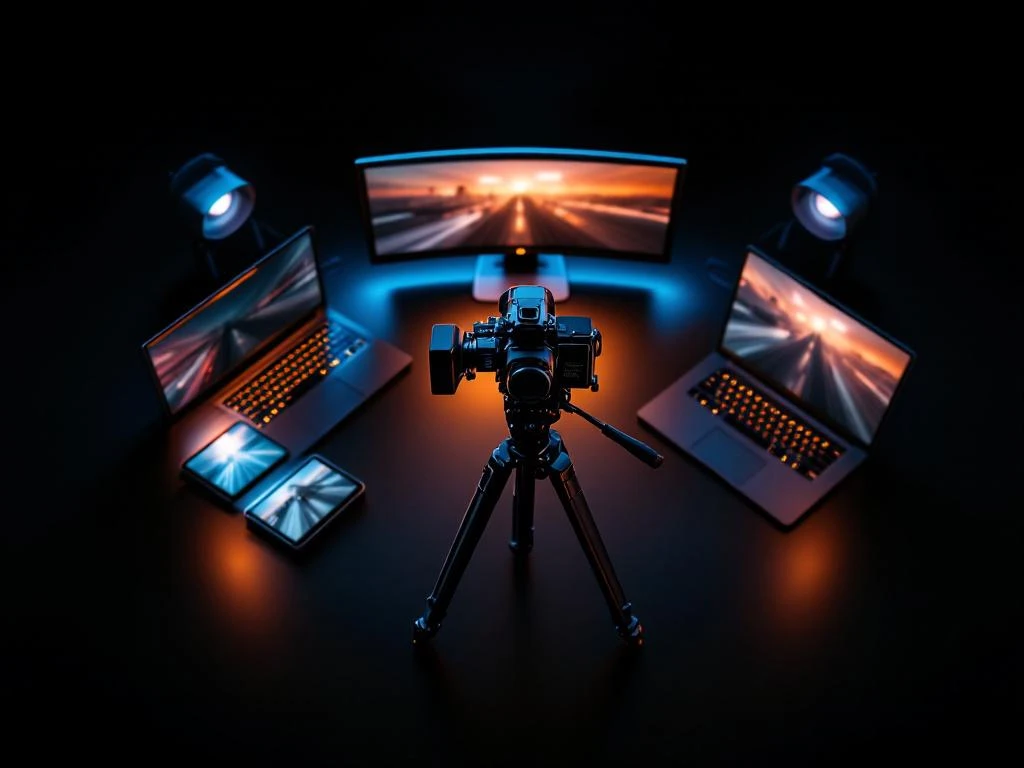 Professionele videocamera op statief omringd door smartphone, tablet, laptop en monitor met bedrijfsvideo in studioverlichting