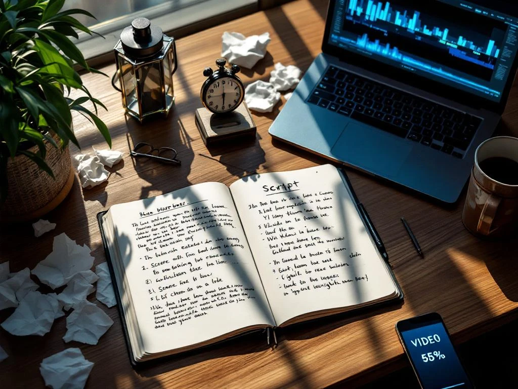 Bovenaanzicht van bureau met script, stopwatch, laptop met videobewerkingstijdlijn en smartphone voor videoproductie