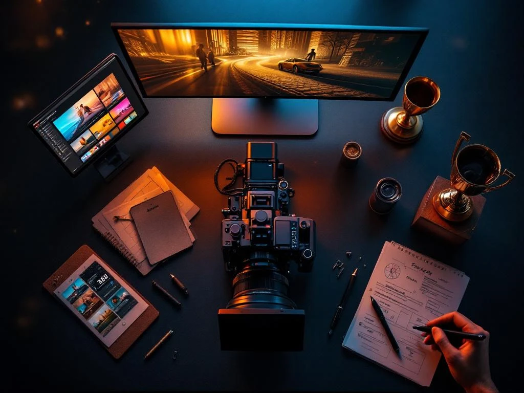 Professionele videoproductie-opstelling met cinema camera, monitor, smartphone en storyboards op zwarte ondergrond
