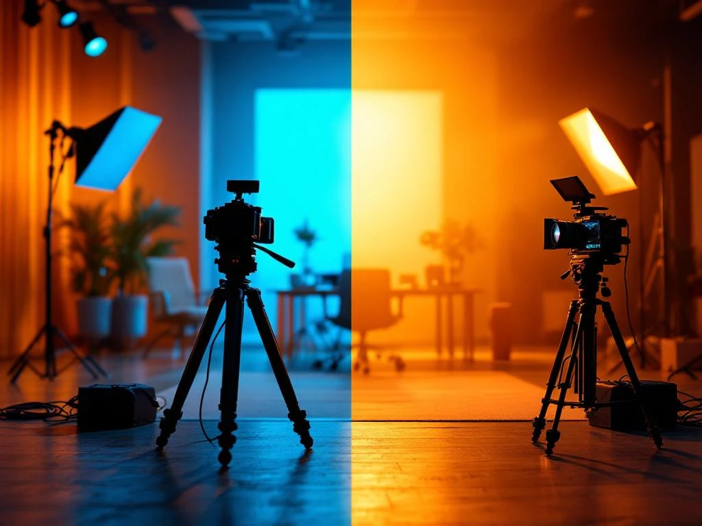 Professionele videoproductie setups: zakelijke studio met blauw licht naast creatieve cinematische set met gouden verlichting