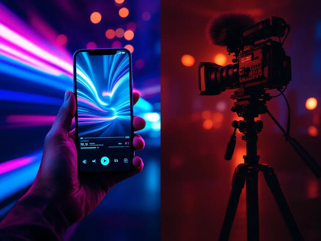 Smartphone met verticale video en professionele filmcamera op statief, verdeeld diagonaal met contrast tussen social media en corporate film