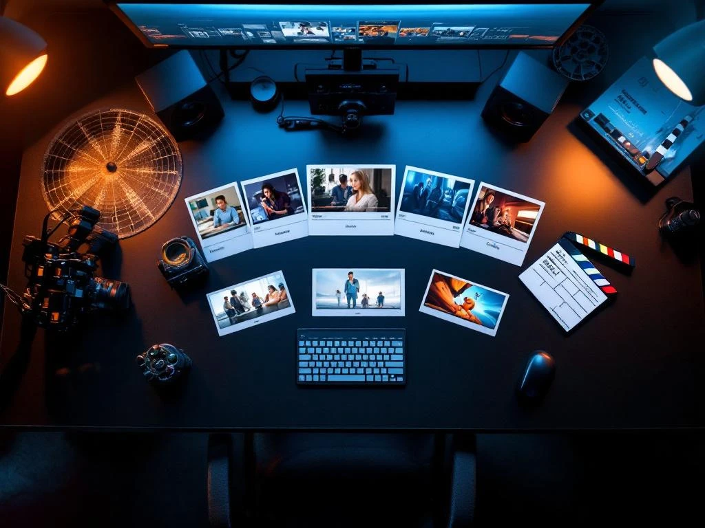 Filmmaker werkruimte met videostijl referentiekaarten, camera en productietools op zwart bureau met dramatische verlichting