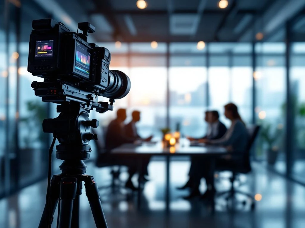 Professionele videocamera op statief in moderne vergaderruimte met zakenmensensilhouetten en bewerkingsmonitor
