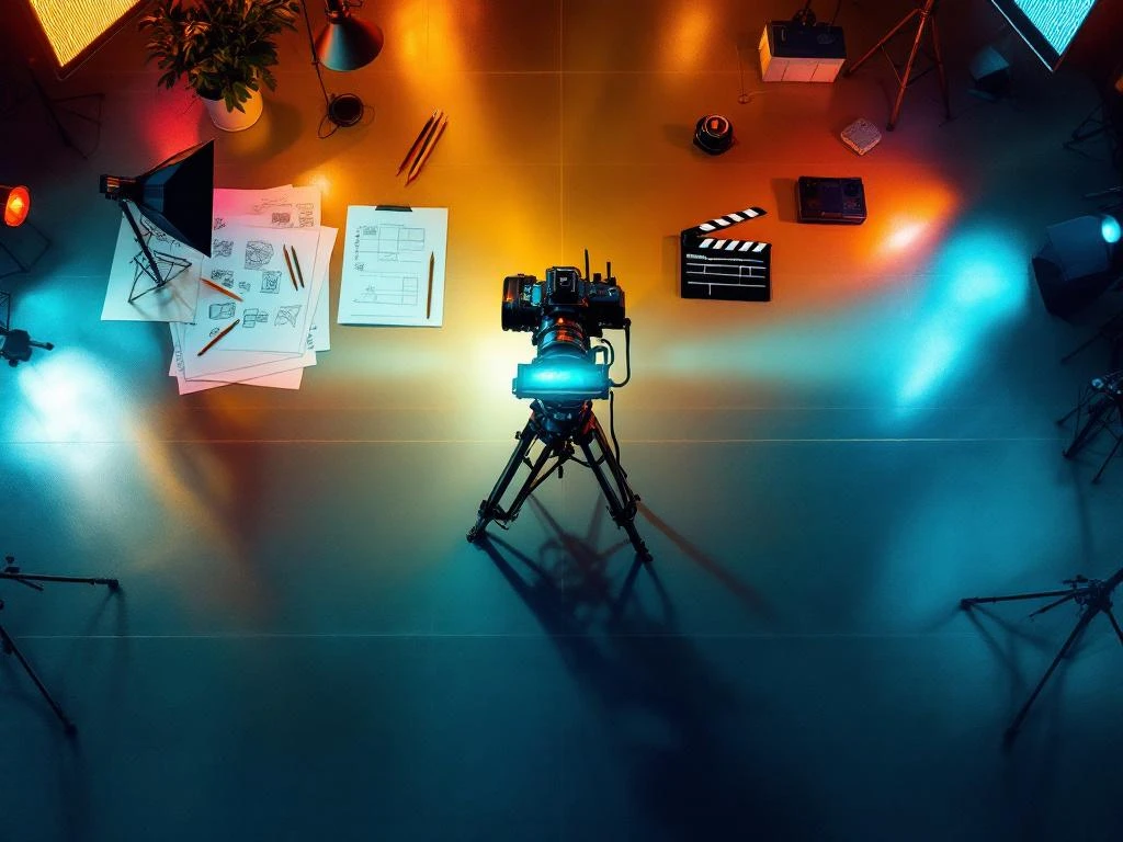 Professionele videoproductie-opstelling met filmcamera, storyboards, verlichting, clapperboard en bewerkingstijdlijn in vier kwadranten