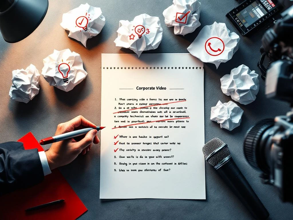 Videoscript met rode doorhalingen, verfrommeld papier en eenvoudige pictogrammen voor duidelijke bedrijfscommunicatie