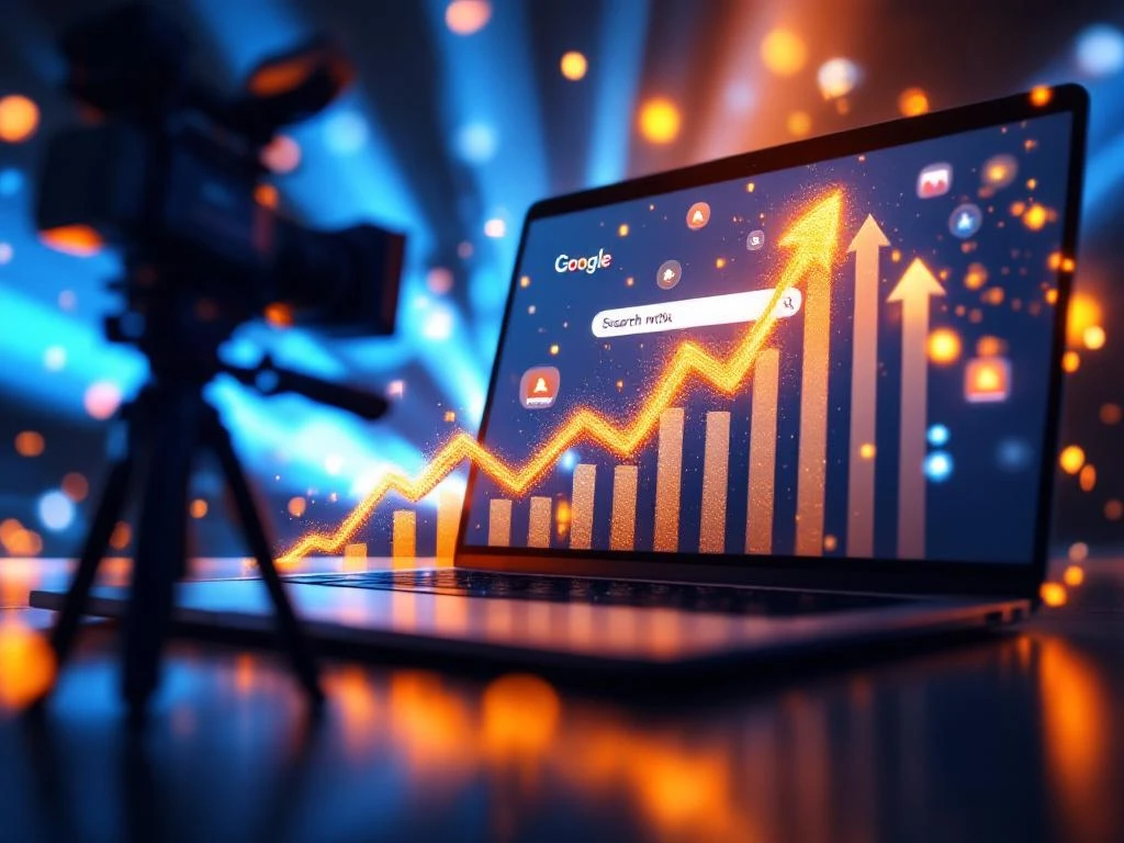 Laptop met Google zoekresultaten en stijgende grafieken, omringd door video-iconen en gouden ranking pijlen