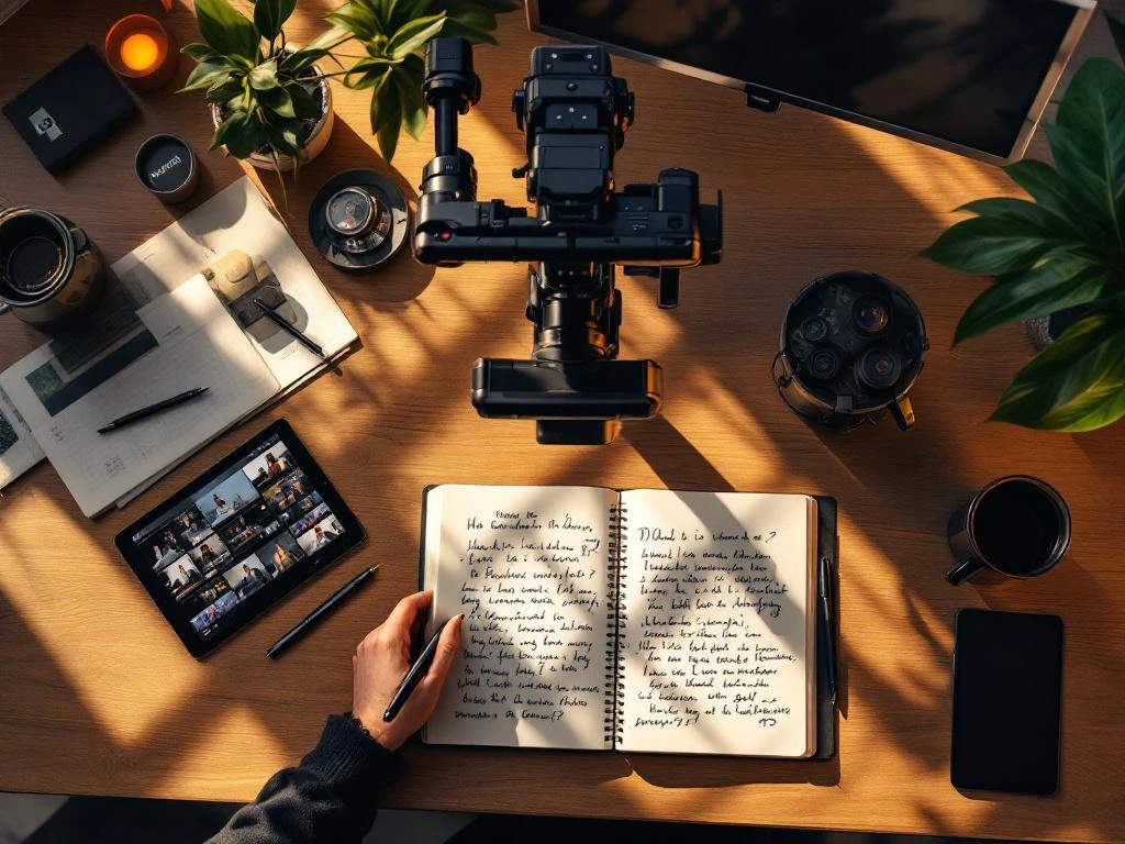 Professionele videocamera op gimbal op modern bureau met notitieboek, tablet en planningsmateriaal in warm licht