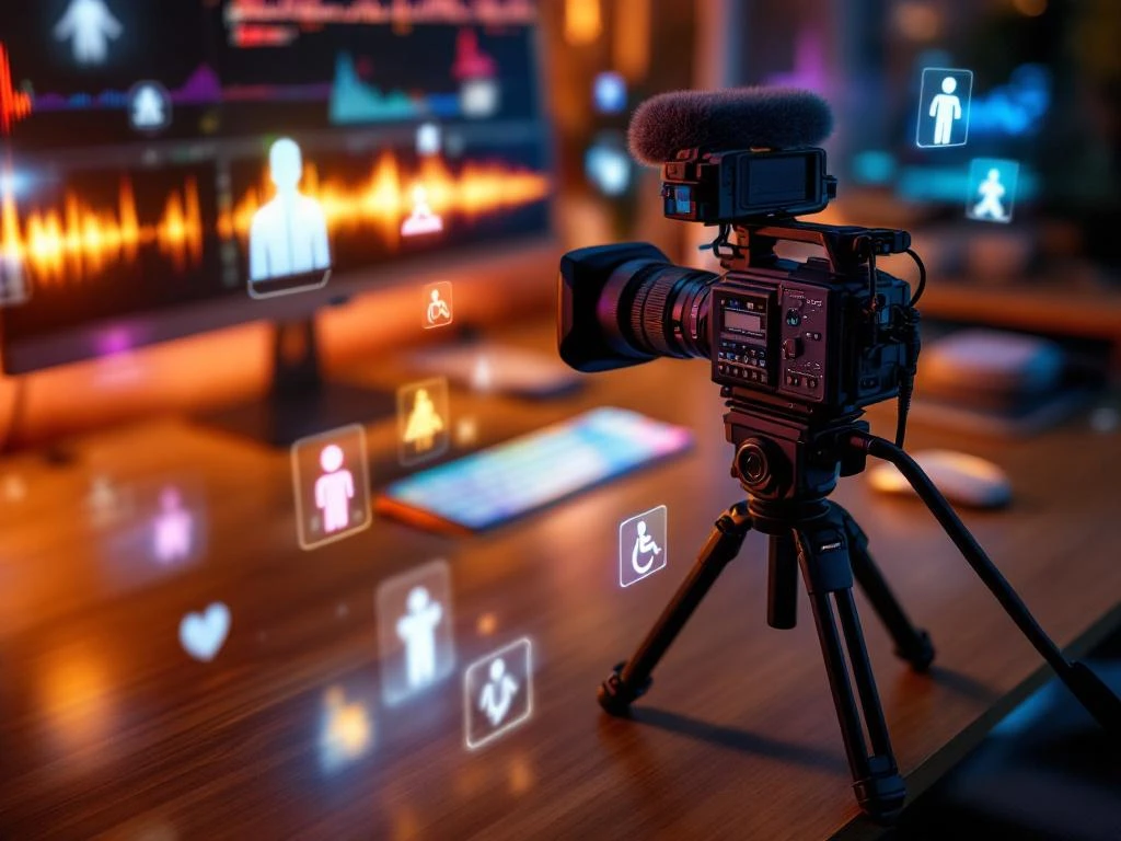 Professionele videocamera op statief omringd door holografische toegankelijkheidssymbolen en ondertitelingsiconen op bureau