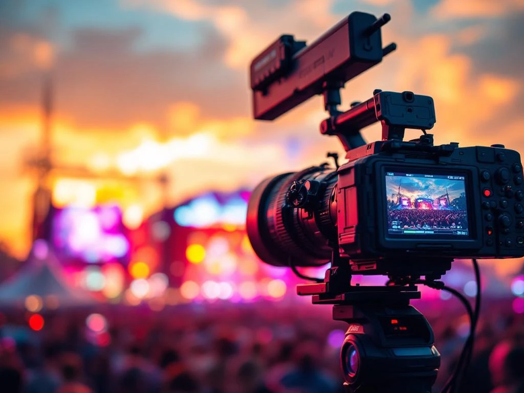 Professionele videocamera op gimbal filmt festivalcrowd met kleurrijke podiumverlichting en bokeh-effecten op achtergrond
