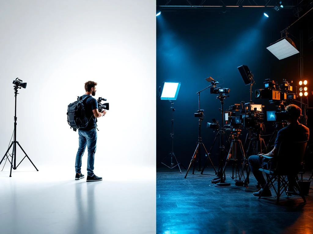 Split-screen vergelijking van solo filmmaker met compacte camera links en volledige filmcrew met professionele apparatuur rechts.