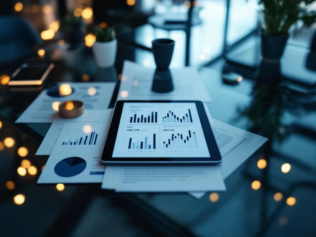 Glazen vergadertafel met tablet met financiële grafieken, documenten en professionele bedrijfsverlichting