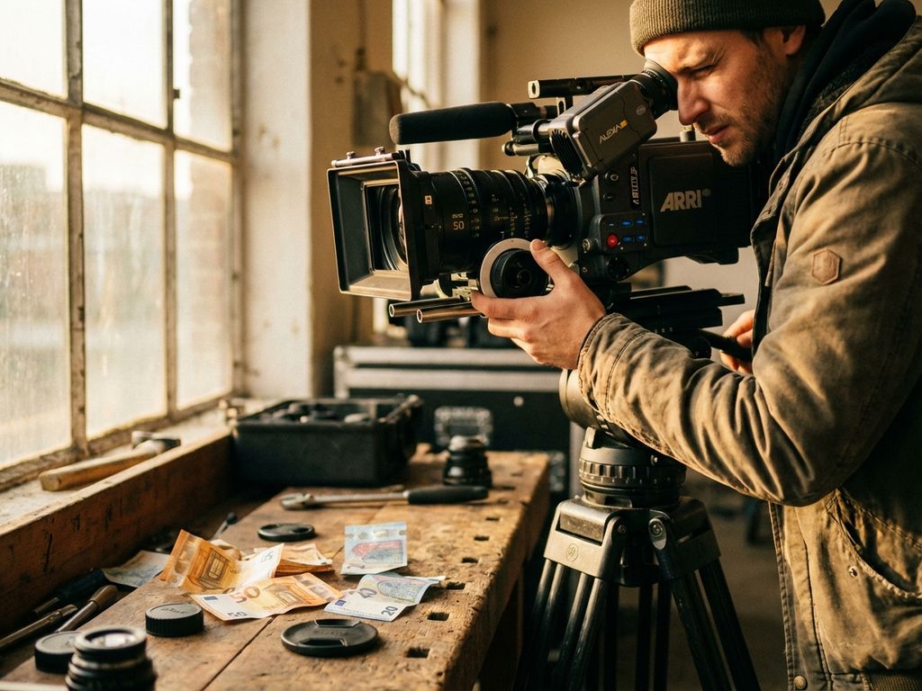 Professionele videograaf stelt filmcamera op statief in, eurobiljetten op houten bureau, natuurlijk licht door raam