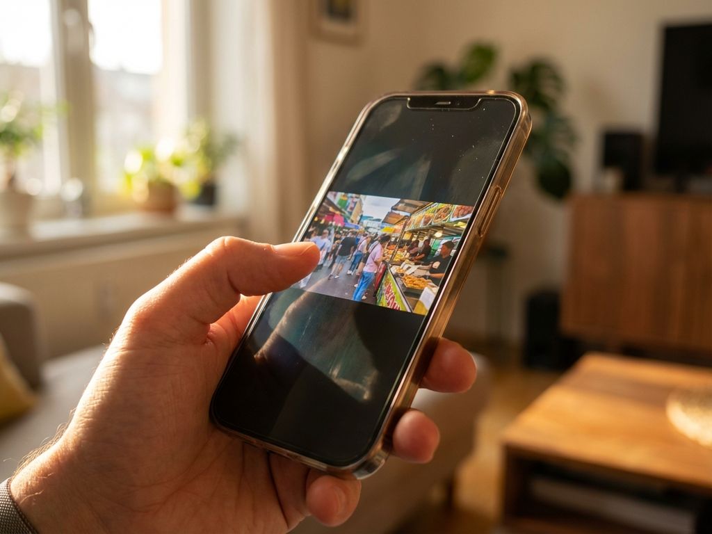 Smartphone in hand toont video op scherm, duim klaar om te scrollen, natuurlijk licht valt op apparaat