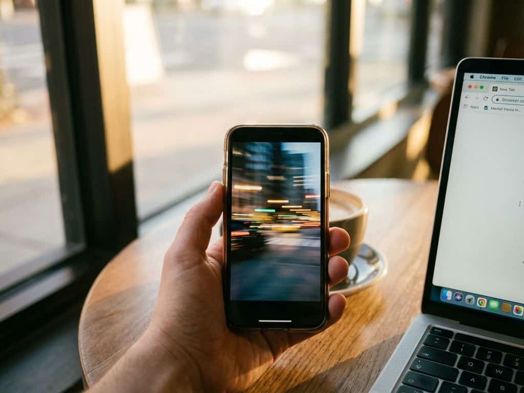 Hand houdt smartphone vast met video in moderne coffeeshop, laptop en koffiekopje op tafel, warme raamverlichting