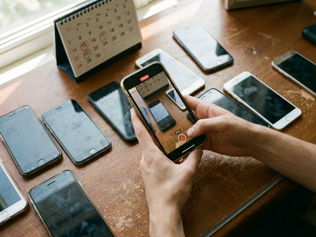 Smartphone in handen toont video-opname interface met rode opnameknop, omringd door andere telefoons op houten bureau