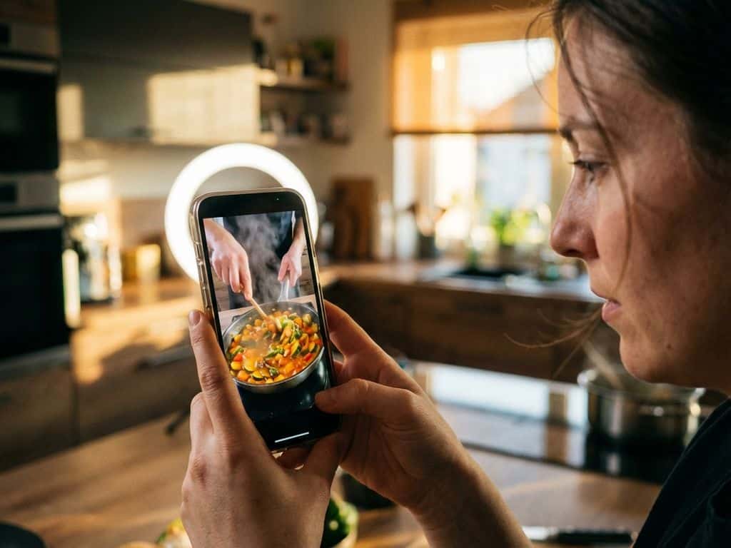 Handen houden smartphone vast die kookvideo opneemt met professionele ringverlichting en warme gouden achtergrond