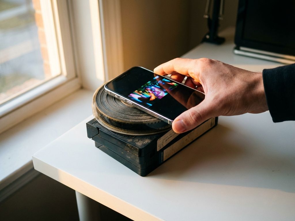 Smartphone met video op stapel oude filmrollen en VHS-banden, verlicht door warm zonlicht op wit bureau