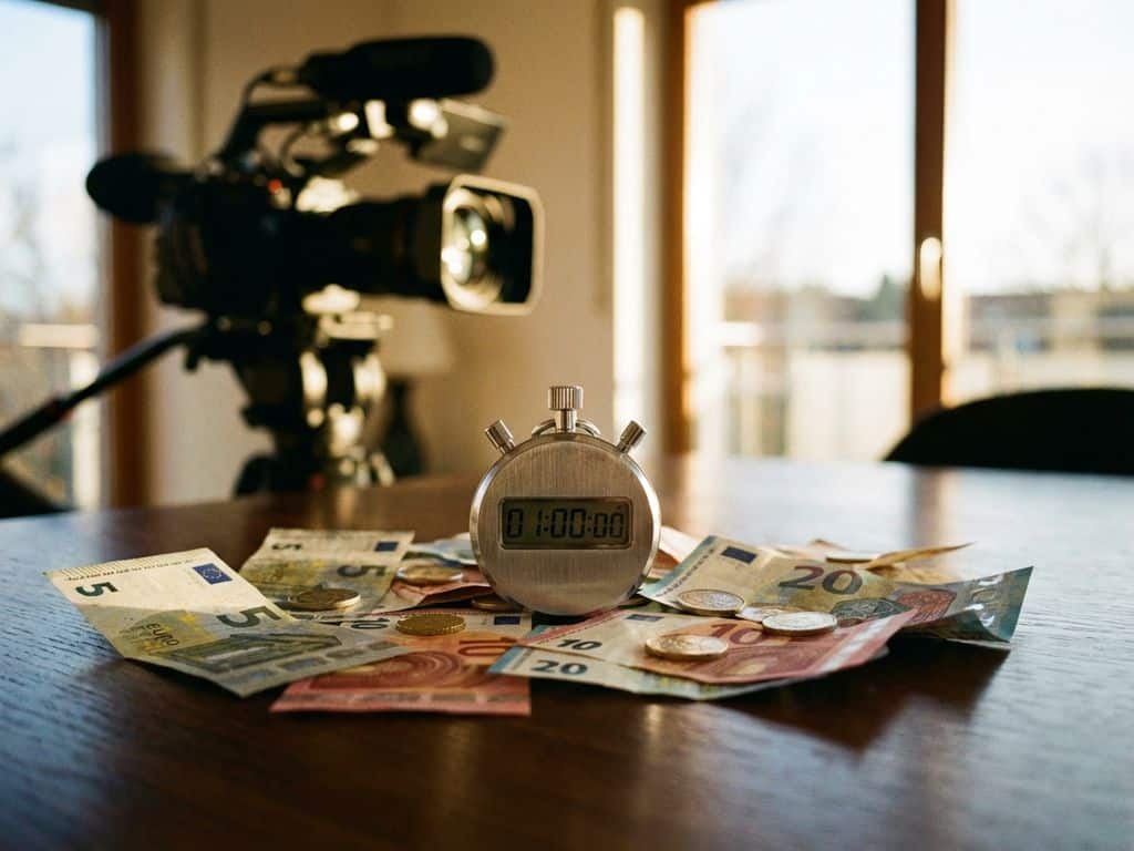 Stopwatch toont één minuut op houten bureau met euro bankbiljetten, munten en videocamera op achtergrond