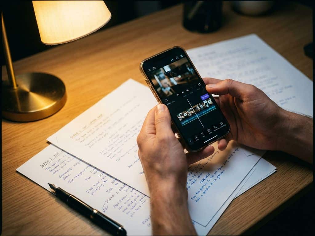 Handen houden smartphone met video-bewerkingstijdlijn boven handgeschreven script op wit papier met zwarte pen