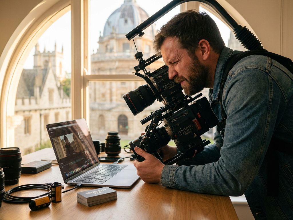Professionele videograaf met camera-uitrusting bekijkt beelden op laptop in werkruimte met natuurlijk licht