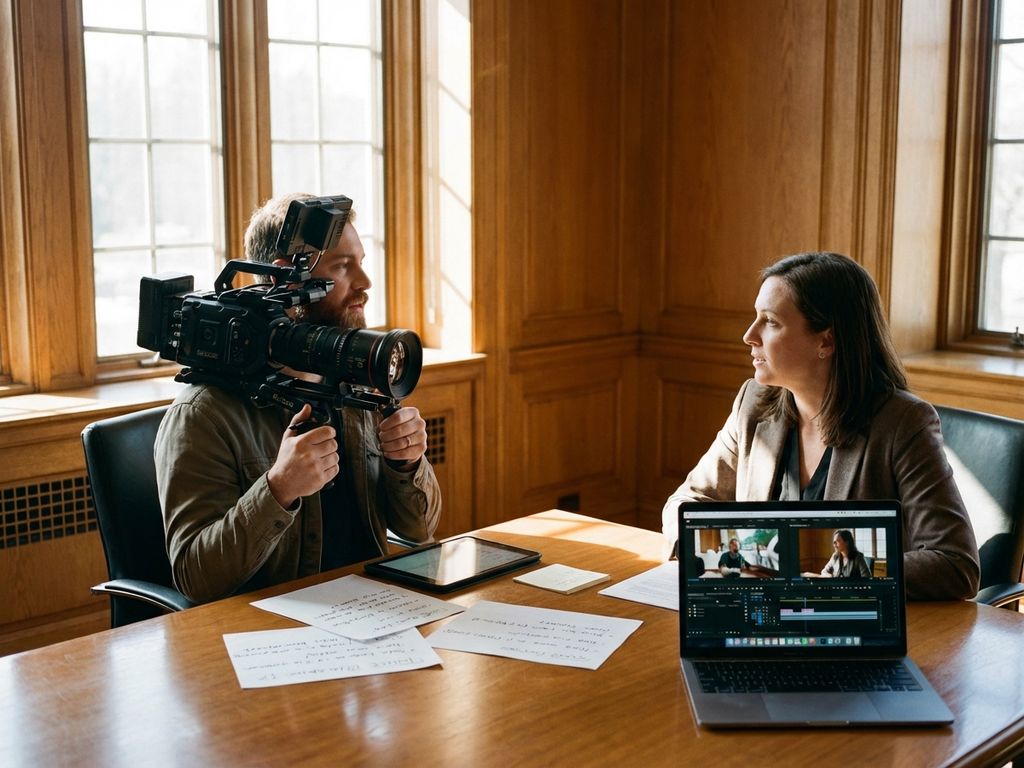 Professionele videograaf met filmcamera in gesprek met klant aan conferentietafel in kantoor met warme verlichting