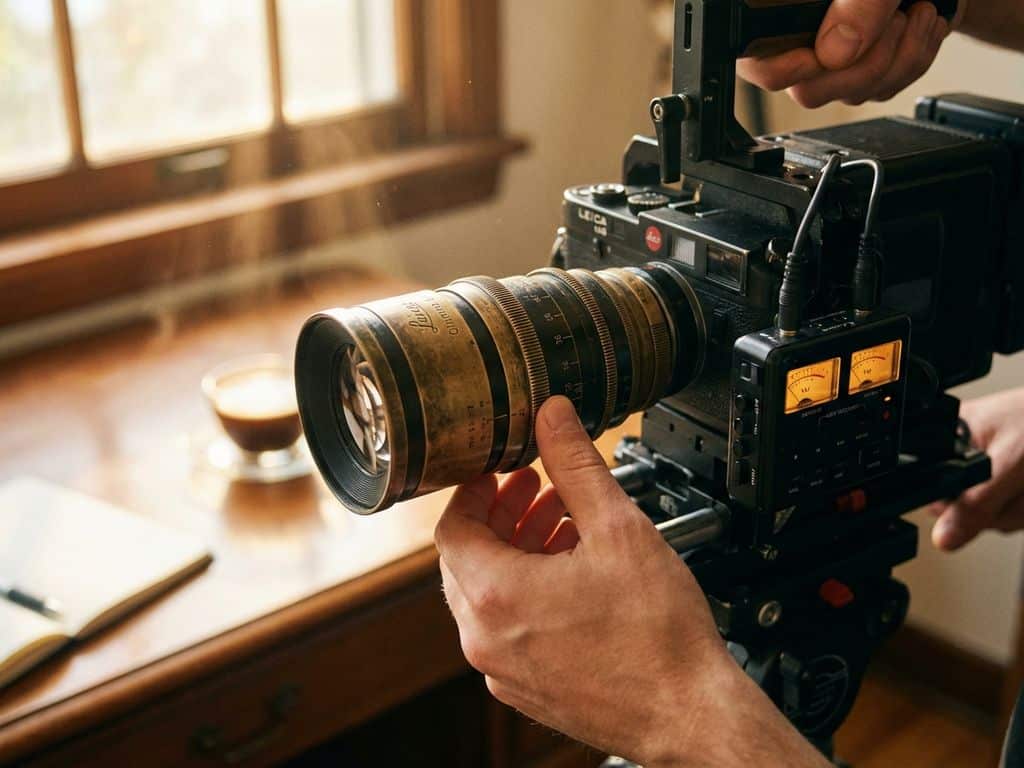 Professionele videograaf stelt vintage cinema lens bij terwijl hij audioniveaus controleert in gouden uurtje licht