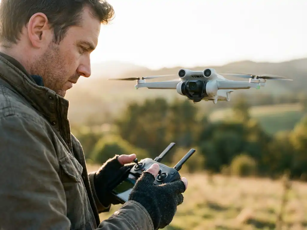 Professionele videograaf bedient drone controller terwijl witte quadcopter zweeft, camera gimbal zichtbaar, gouden uur