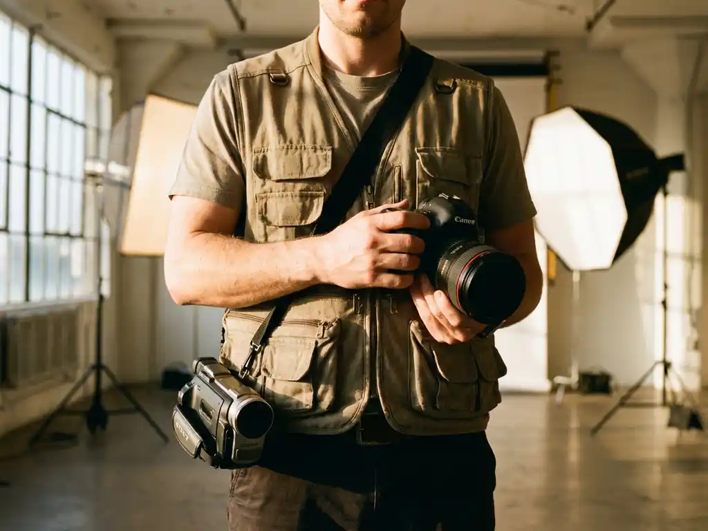 Professionele fotograaf met DSLR en videocamera in moderne studio met softbox verlichting en natuurlijk licht
