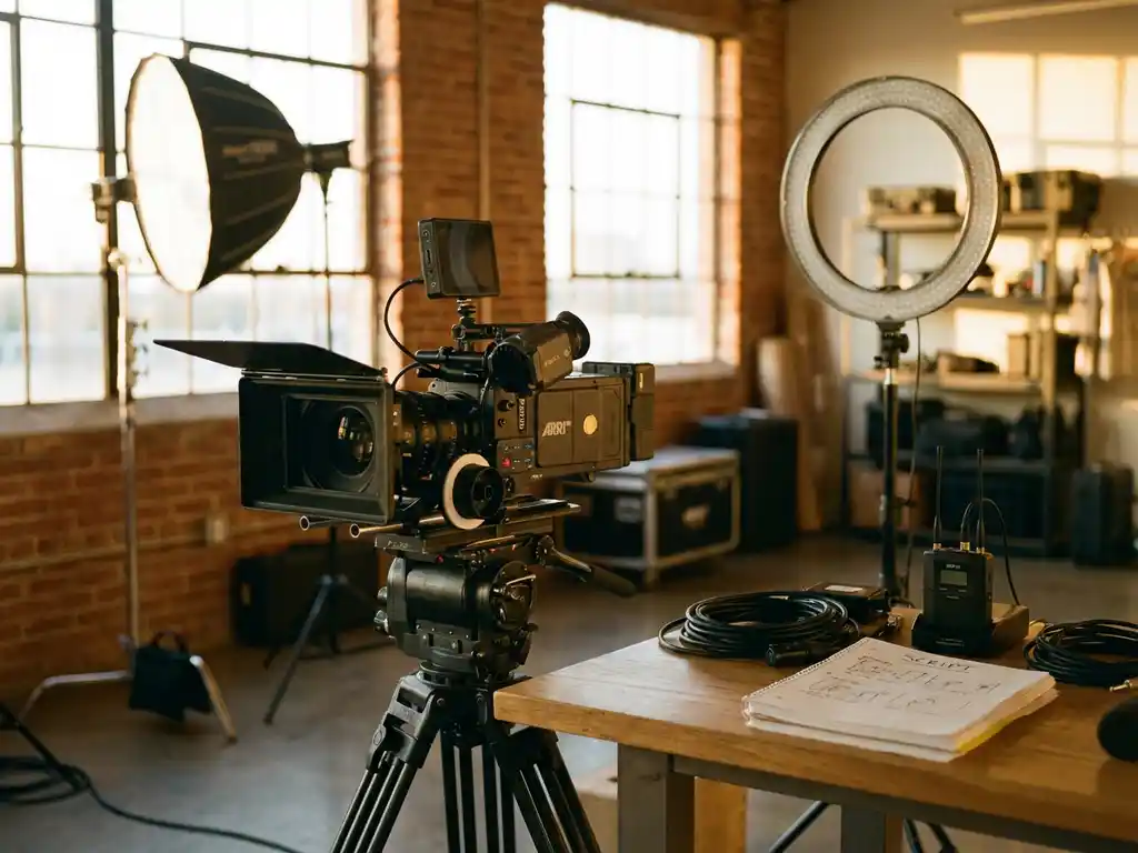Professionele videocamera op statief in studio met softbox verlichting, ringlight en draadloze microfoon bij raam