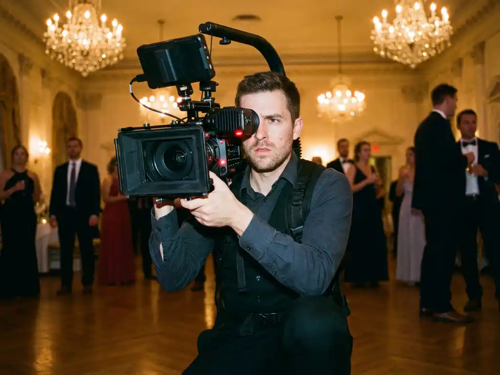 Professionele videograaf met filmcamera op schouder documenteert zakelijk evenement met kristallen kroonluchters