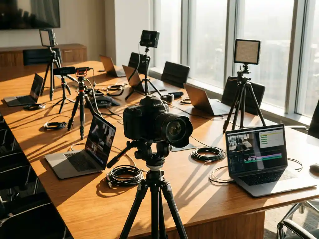 DSLR-camera op statief in moderne vergaderruimte met videoproductie-apparatuur, laptops en professionele verlichting