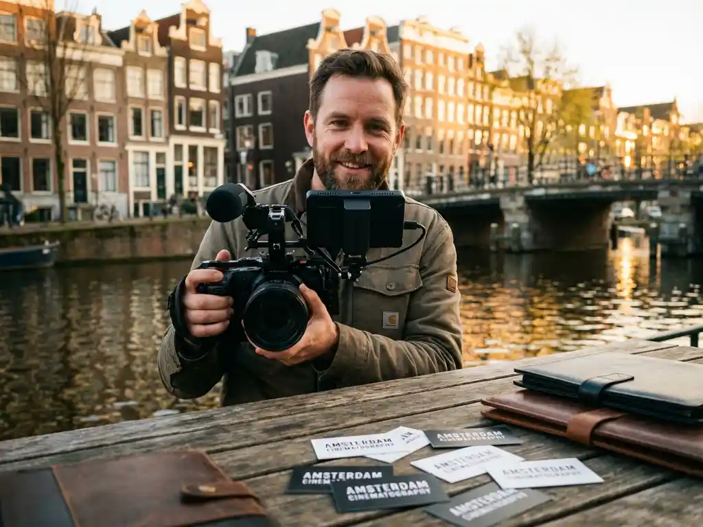 Professionele videograaf met camera bij Amsterdamse grachtenhuizen, visitekaartjes en portfolio's op tafel