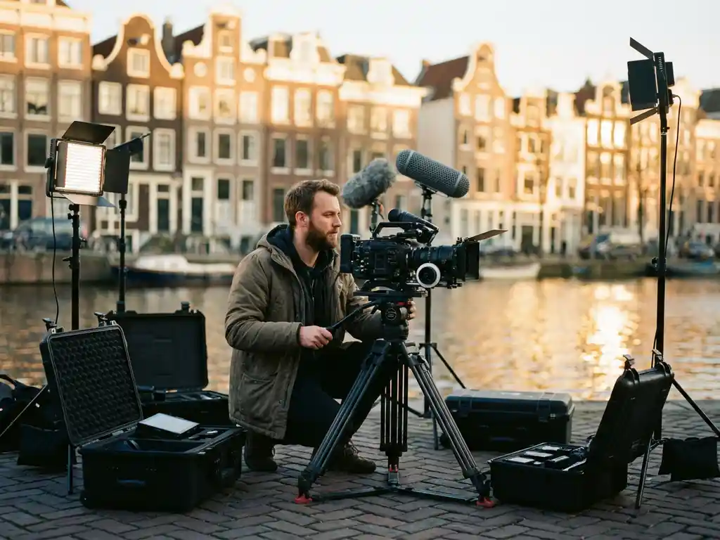 Professionele videograaf past filmcamera aan op statief tussen dure apparatuur op Amsterdamse gracht tijdens gouden uur