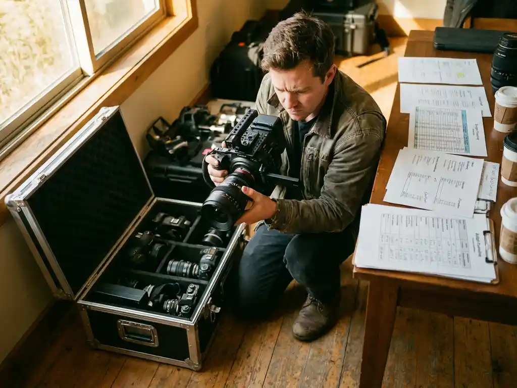 Professionele videograaf past cameralens aan naast open koffer met filmapparatuur en budgetdocumenten op houten tafel