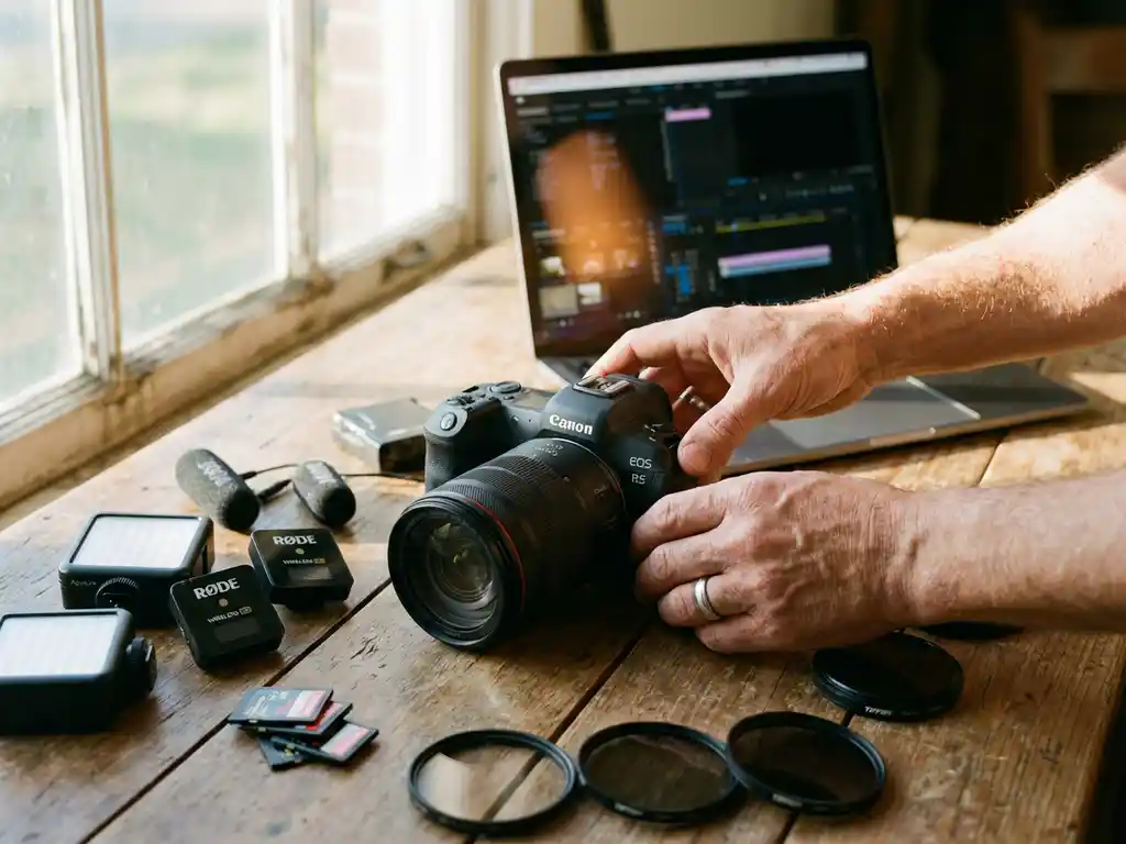 Professionele videograaf rangschikt camera-apparatuur op houten tafel met laptop en verlichtingspanelen op achtergrond