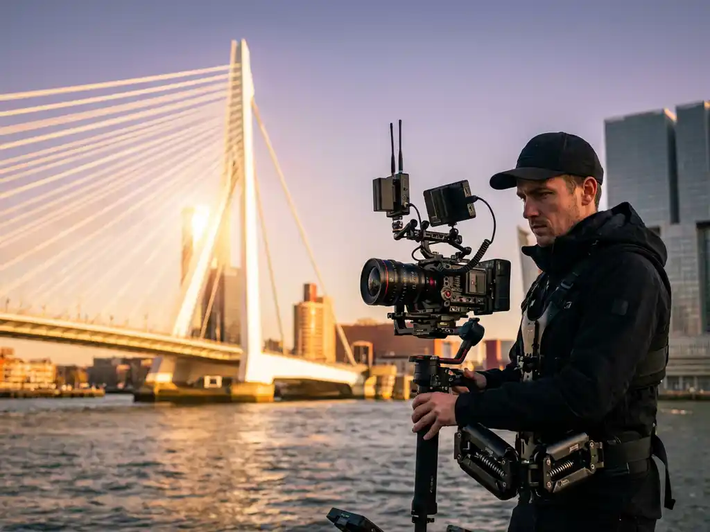 Professionele videograaf met cinema camera op gimbal filmt Erasmusbrug Rotterdam tijdens gouden uur zonsondergang