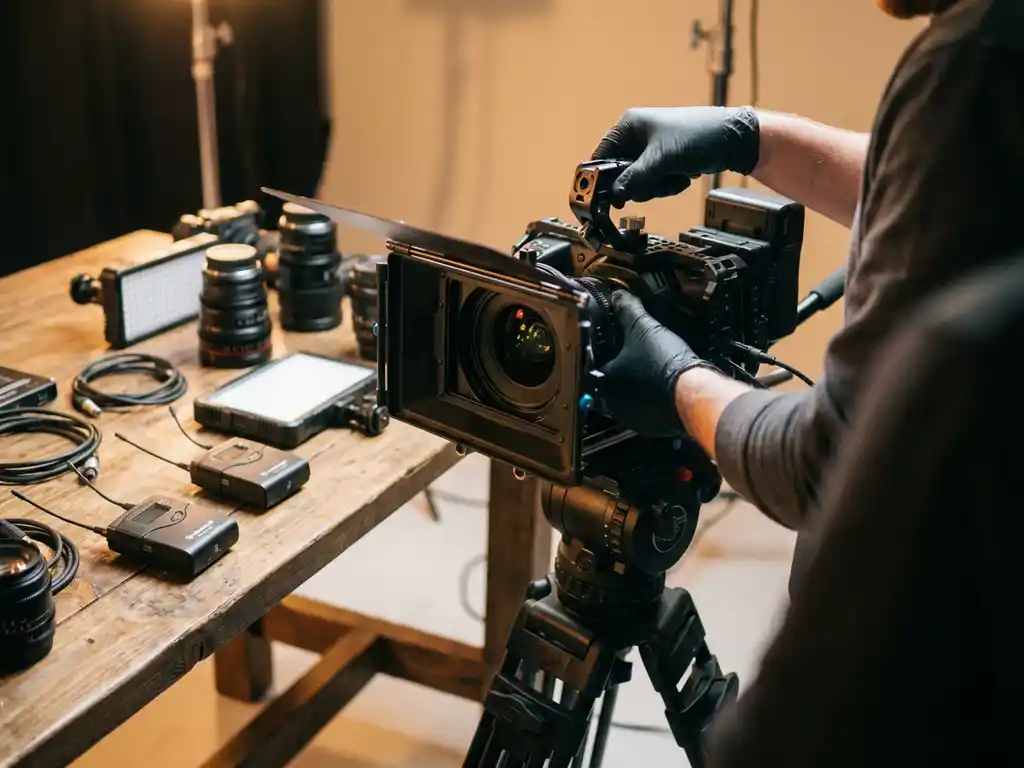 Videograaf stelt professionele filmcamera op statief bij, met microfoons en LED-verlichting op houten tafel in studio