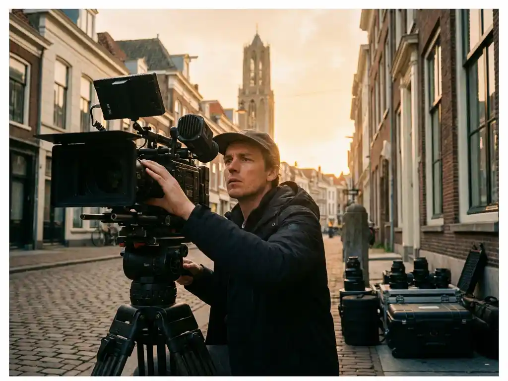 Professionele videograaf stelt filmcamera in op Utrechtse straat met Domtoren op achtergrond tijdens gouden uur