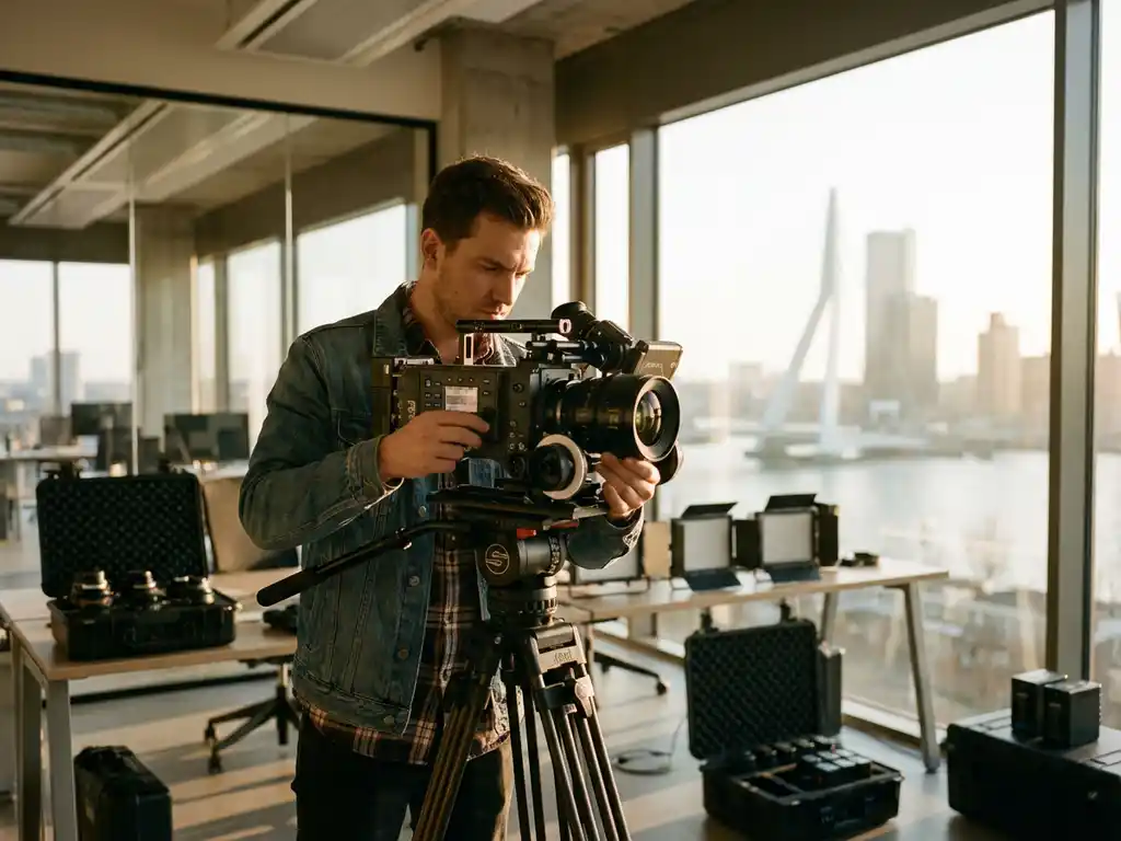Professionele videograaf stelt filmcamera in op statief in modern Rotterdams kantoor met Erasmusbrug op achtergrond