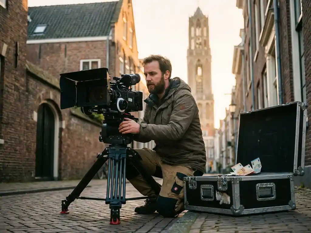 Professionele videograaf stelt filmcamera in op statief in historische straten Utrecht, Dom Tower op achtergrond
