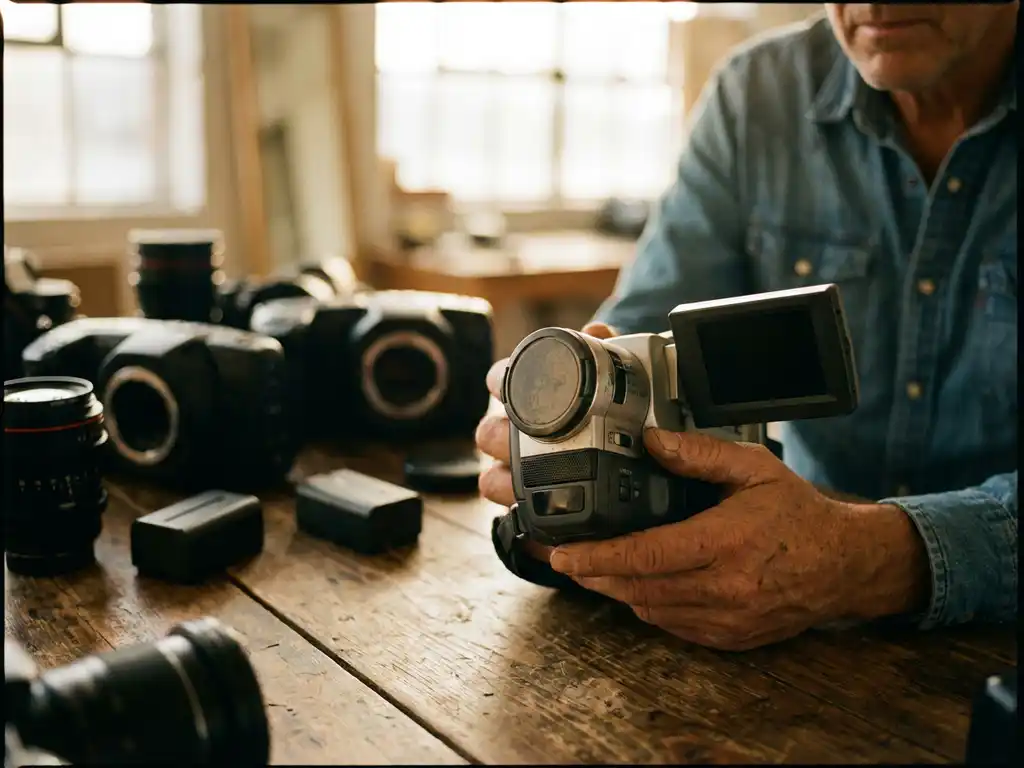 Teleurgestelde videograaf houdt verouderde camcorder vast terwijl moderne filmapparatuur op houten tafel ligt