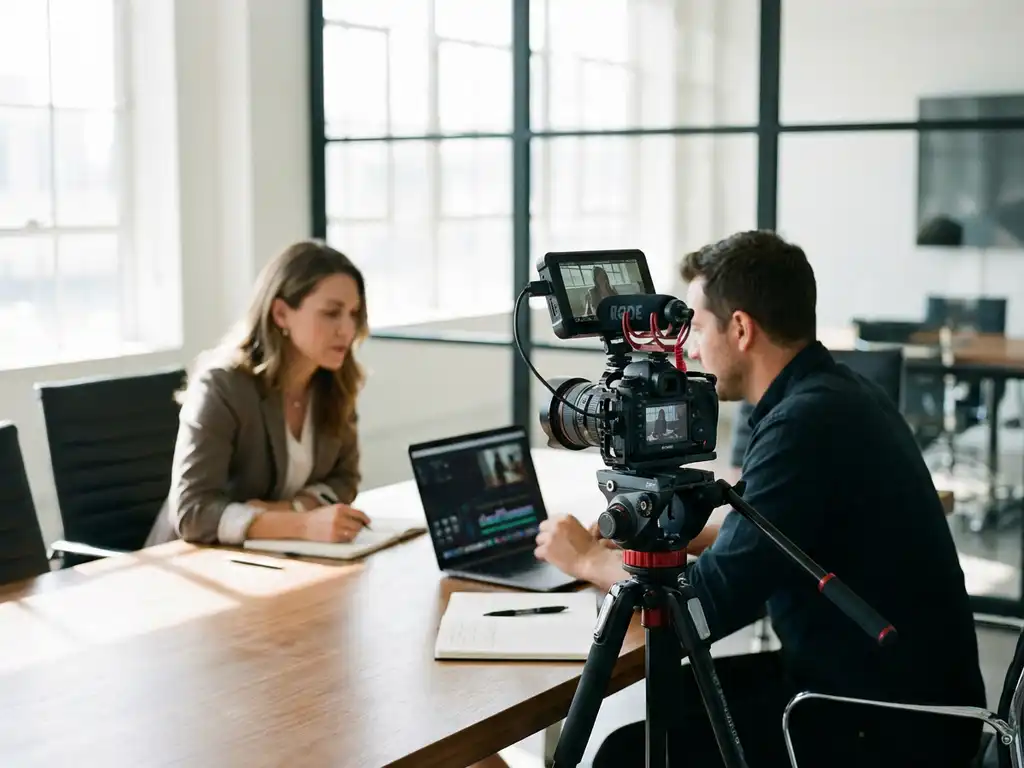 Videograaf en zakenpartner bespreken videoprojecten aan moderne vergadertafel met professionele camera-apparatuur